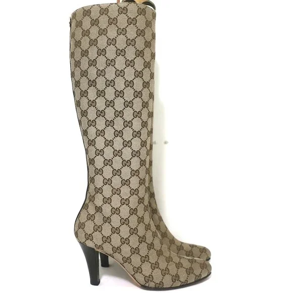 Gucci GG Monogram Canvas Knee High Boots Ebony Size 8 - Picture 3 of 12